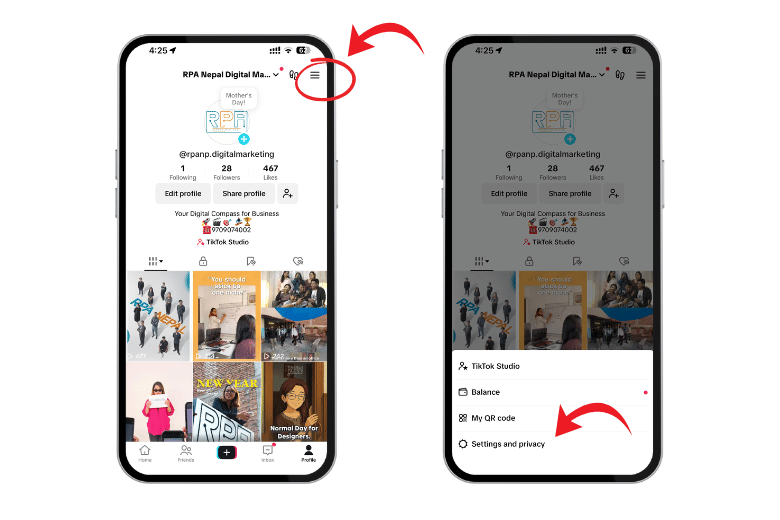 switch to business profile step on how to get spark code on tiktok